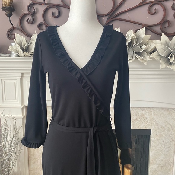 Joe Fresh Black Dress, Faux Wrap Neckline with Ruffle Detail, Belted, XS - Picture 3 of 12